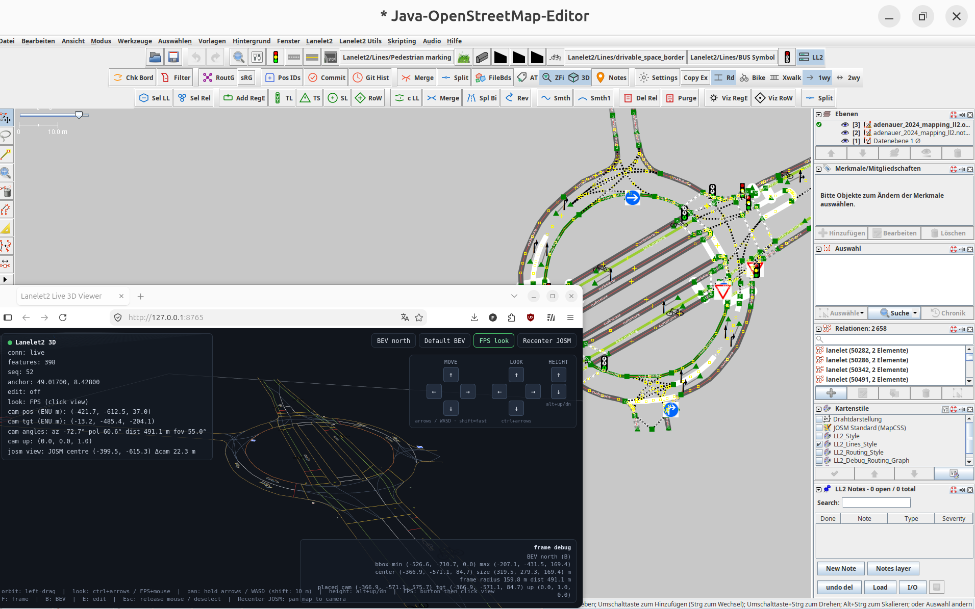JOSM with the Lanelet2 plugin editing a roundabout, plus the live 3D viewer